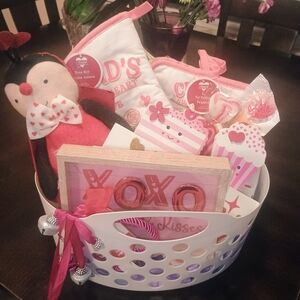 Valentine's Day Gift Basket with Red and Pink Accents